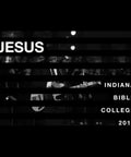 Black and white image of musician playing guitar with text 'JESUS' and 'Indiana Bible College 2017' overlaid in white.