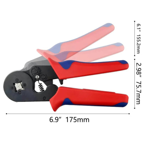 Side view of self-adjustable ratchet tool from All In One Wire Ferrule Kit With Crimp Terminals, showing measurements in inches and mm.