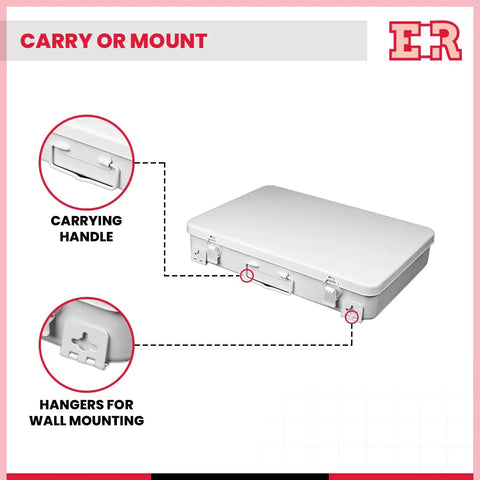 First Aid Metal Case Number 36 Fourteen By Ten By Two Point Five Inches Built Tough Dope Metal Medical Supply Case For Safe Storage Government Spec Approved Compact Emergency Kit Box with carrying handle and wall mounting hangers.