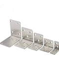 Rock Solid Eight Piece Stainless Steel L Shape Corner Brackets For Heavy Duty Shelving With Kickass Load Bearing Power That Keeps Every Workshop Setup Locked Down Tight, set of five varying sizes.
