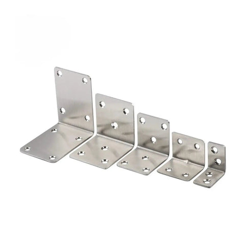 Rock Solid Eight Piece Stainless Steel L Shape Corner Brackets For Heavy Duty Shelving With Kickass Load Bearing Power That Keeps Every Workshop Setup Locked Down Tight, set of five varying sizes.