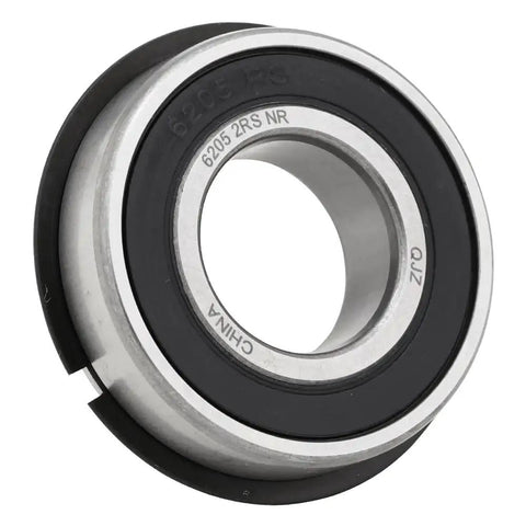 Shop Tested Garage Ready 100 Pack Of 6205nr Deep Groove Radial Ball Bearings Featuring Dual Metal Shields and Locking Snap Rings Sized 25Mm X 52Mm X 15Mm Built Different For Maximum Load Capacity And Ridiculous Durability showing a close-up view of the bearing with seals.