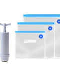 Handheld Vacuum Sealer For Food Storage Bags With T-Style Manual Pump, compact design with three zip top bags in multicolor.