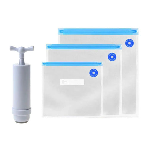 Handheld Vacuum Sealer For Food Storage Bags With T-Style Manual Pump, compact design with three zip top bags in multicolor.