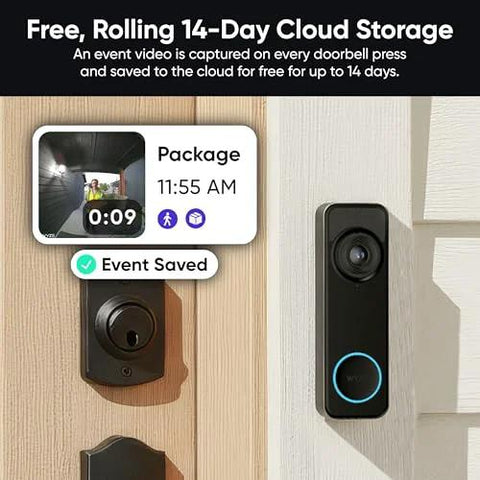 Battery Powered Video Doorbell Camera With 1-To-1 Head-To-Toe View, HD Plus 1536x1536, installed on wooden door frame