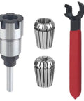 4 Pcs 1/4 Inch Shank Router Collet Extension Set With Chuck Converter Adapter Plus Wrench Spanner For Woodworking Power Tool Accessory Kit showing collet, adapter, and wrench.