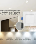 Square Ultra Thin Canless 4 Inch Recessed LED Downlights, 12 Pack, 750 Lumen, 5 CCT Switchable 2700K To 5000K, J Box