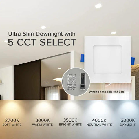 Square Ultra Thin Canless 4 Inch Recessed LED Downlights, 12 Pack, 750 Lumen, 5 CCT Switchable 2700K To 5000K, J Box