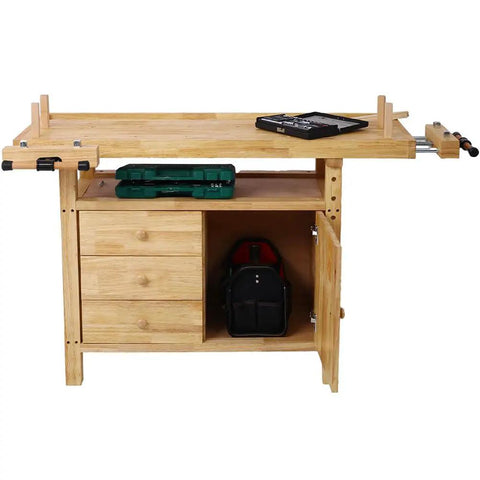 55 Inch Heavy Duty Rubber Wood Workbench With 3 Drawers Storage Cabinet Tool Well And Adjustable Vise Pro Grade Solid Wood Garage Work Table For Woodworking DIY And Workshop, front view with tools