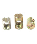 Three metal fasteners, Beefy Carbon Steel Slotted Barrel Nuts M6x12mm and M8x15mm for Furniture Assembly, shown in close-up view.