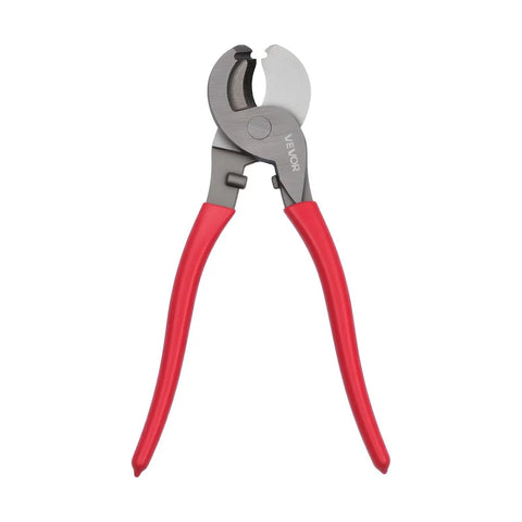 Heavy Duty High Leverage Cable Cutters With Cushioned Overmolded Handles And Razor Sharp Forged Blades, red handles, cutting head design.