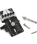 Super Handy Adjustable Doweling Jig For Spot On Three Eighth Inch Dowel Holes In Wood Projects Features One Eighth Increments Up To Three And Half Inches From Edge Durable Aluminum Build With Five Bushings Drill Bit Stop Collar Pin Included shown with accessories