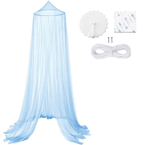 Kid Friendly Bed Canopy Mosquito Net For Girls Room Decor Insect Protection Hanging Bed Canopy For Adults And Babies Outdoor Camping Blue Single Door Easy Setup For Sleepovers And Everyday Use. Blue canopy with setup kit displayed.
