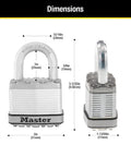 Dimensions of M5XT Magnum Heavy Duty Outdoor Padlock With Key, Two Pack Keyed Alike, showing steel body and boron-carbide shackle.