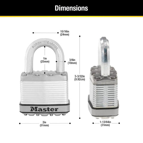 Dimensions of M5XT Magnum Heavy Duty Outdoor Padlock With Key, Two Pack Keyed Alike, showing steel body and boron-carbide shackle.