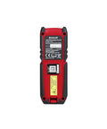 Back view of Laser Distance Meter TC LD 25 with black and red design, showcasing labels and model details.