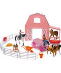 Pink Pickup Truck And Horse Trailer Playset With Two Riding Figures Barrel Racing Barrels Feeding Station And Corral Fencing For One Eighteen Scale Horse Action Kid Approved, barn scene with figures, horses, and accessories.