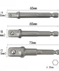 Heavy Duty Impact Socket Adapter Set For Impact Drivers And Drills Three Piece Conversion Kit showing adapter sizes and measurements