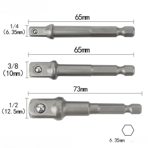 Heavy Duty Impact Socket Adapter Set For Impact Drivers And Drills Three Piece Conversion Kit showing adapter sizes and measurements