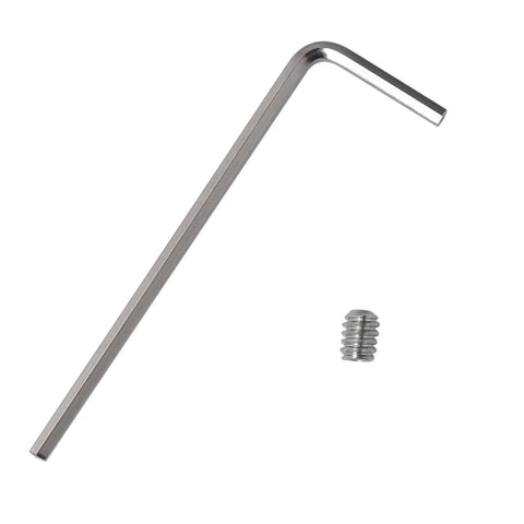 Stainless Steel Allen Head Set Screws, 25-Piece, 10-24 x 1/4 Inch Internal Hex Cup-Point Socket Screws With Wrenches, shown with wrench