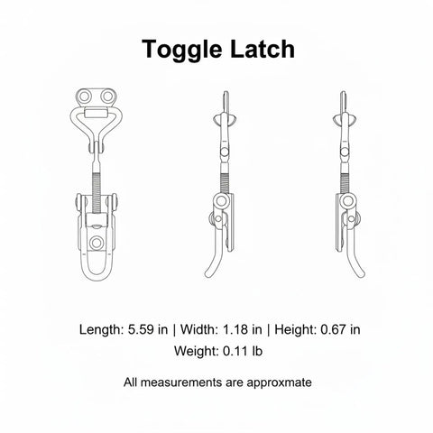 Diagram of Heavy Duty Adjustable Toggle Latch 304 Stainless Steel Draw Closure dimensions with front and side views