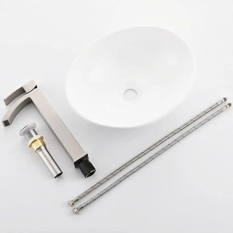 White Ceramic Vessel Sink With Faucet And Drain, Oval Above Counter Bathroom Basin, Modern Porcelain Vanity Sink components