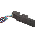 Rock Solid Mini Linear Rail Slide Actuator Featuring 50mm Stroke Premium Alloy Stepper Motion Stage Paired With Single Lead Screw Rod, black with wires.