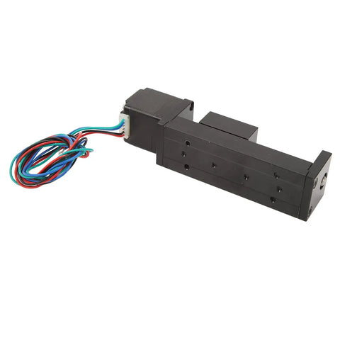 Rock Solid Mini Linear Rail Slide Actuator Featuring 50mm Stroke Premium Alloy Stepper Motion Stage Paired With Single Lead Screw Rod, black with wires.