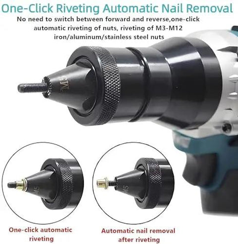 Badass 2 In 1 Cordless Rivet Nut Gun With Beast Mode 26V 5200mAh Battery And M3 To M12 Pullers Plus Charger showing one-click automatic riveting features.