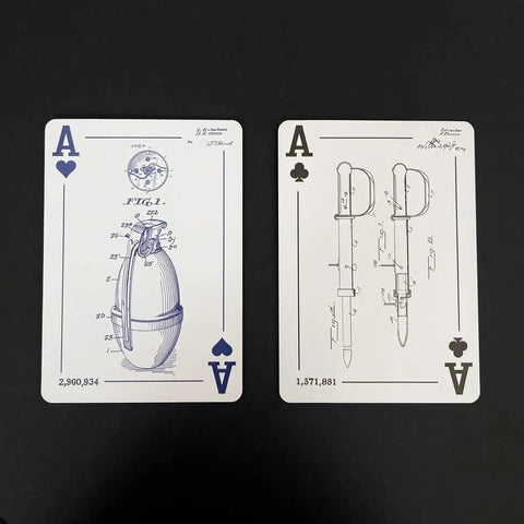 Gearhead Approved Engineering Drawing Playing Cards For Engineers Gift Set With 52 Patent Art Cards Featuring Mechanical Electrical Civil And Aerospace Designs For Graduation Fathers Day And College Gift For Him, showing Ace of Spades and Clubs with engineering schematics.