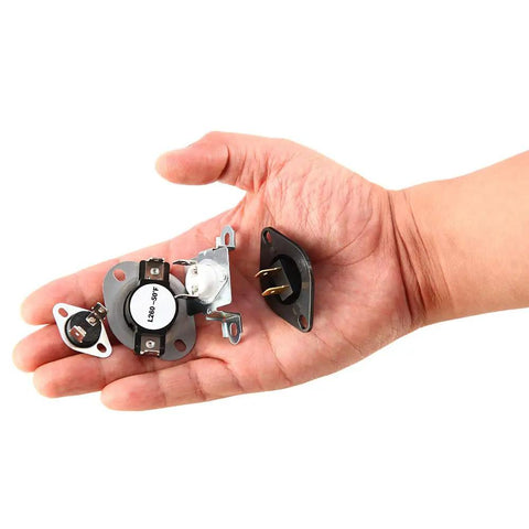Hand holding Dryer Thermal Fuse Kit Including DC47-00016A Cutoff DC96-00887A Thermostat DC32-00007A Thermistor DC47-00018A parts