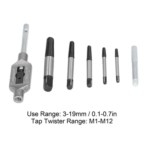 Heavy Duty Adjustable Tap Twister Wrench Set For Broken Bolt Removal, Tough Carbon Steel Screw Extractor Kit Fixing Damaged Screws And Rusted Faucets With 3-19mm Range And Long Handle Leverage Power, 7pc M1-M12