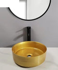 Bathroom Sink Bathroom Sink Home Bathroom Vessel Sink Modern Art Basin Hotel Apartment Bathroom Wash Basin Round Golden Counter Basin Bathroom Sink Vessel view with round golden basin and black faucet.