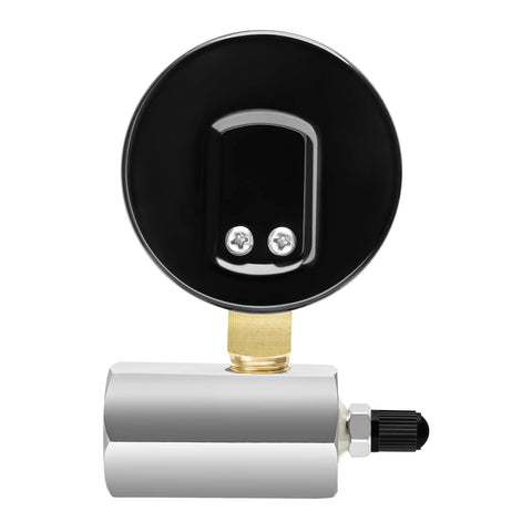 Diaphragm-type capsule low-pressure gauge with valve; brass FNPT inlet attached to a silver body with a black round dial housing