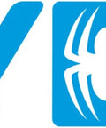 Front view of Spyder blue brand logo with white spider emblem.