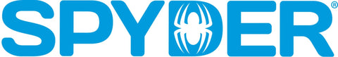 Front view of Spyder blue brand logo with white spider emblem.