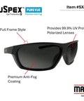 144 Pack Polarized Gray Antifog Safety Glasses Rock Solid Ansi Z87 Plus High Impact side view with full frame and anti-fog coating