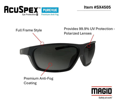 144 Pack Polarized Gray Antifog Safety Glasses Rock Solid Ansi Z87 Plus High Impact side view with full frame and anti-fog coating