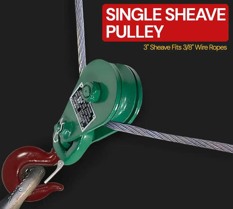 Two Pack Snatch Block With Hook, 2 Ton Working Load, 3 Inch Sheave, 3/8 Inch Wire Rope Compatible, single sheave pulley close-up.