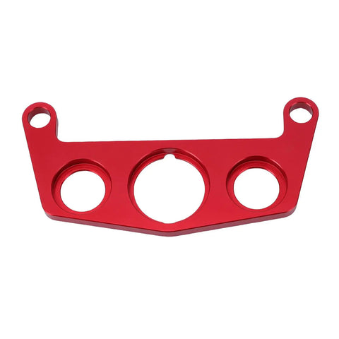 Red aluminum ATV key switch and indicator light mount bracket with three cutouts for 450R handlebar clamp setup