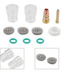 Pro Grade Stubby Gas Lens TIG Glass Cup Kit With 11 Pieces For TIG WP 17 18 26, clear cups, collet bodies, sieves, and O rings shown