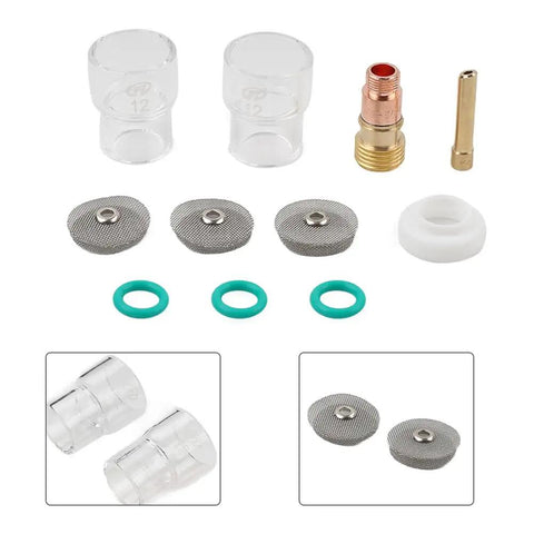 Pro Grade Stubby Gas Lens TIG Glass Cup Kit With 11 Pieces For TIG WP 17 18 26, clear cups, collet bodies, sieves, and O rings shown