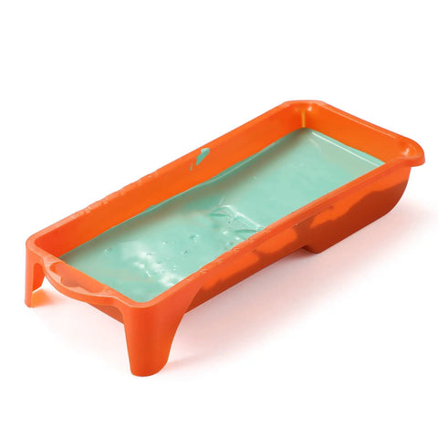 Orange paint tray from 2 Inch Small Fine Finish Paint Roller Kit With Tray For Tight Corners And Trim, filled with light green paint