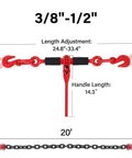 G80 Chain And Ratchet Binder Set 3/8 To 1/2 Inch, 20 Feet, red ratchet and chain with hooks, detail on measurements, two pack