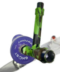 Close-up of All In One Skate Tool With T Handle And Screwdriver in green and blue, with visible sockets and clear handle.
