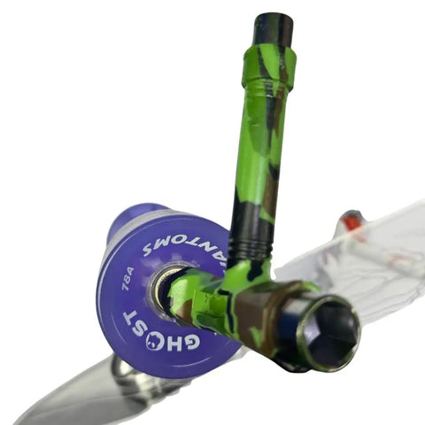 Close-up of All In One Skate Tool With T Handle And Screwdriver in green and blue, with visible sockets and clear handle.