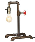 Old School Industrial Steam Punk Table Lamp With Red Valve, Rustic Bronze Pipe Desk Light, Loft Style Vintage Metal Lighting