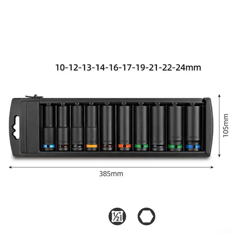 Rock Solid 10 Piece 1/2 Inch Drive Impact Socket Kit With Chromium Vanadium Steel Thick Walled Sockets From 10 To 24mm Perfect For Tough Tire Changing And Heavy Duty Equipment Repair Jobs, case view with size labels