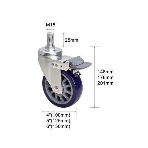 Heavy Duty TPU Swivel Caster Wheels With Brakes Top Plate Mount 360 Degree Swivel Mx Threaded Stem Rolling Casters For Workbench And Cart Built To Haul Heavy Loads, showing multiple size options and dimensions