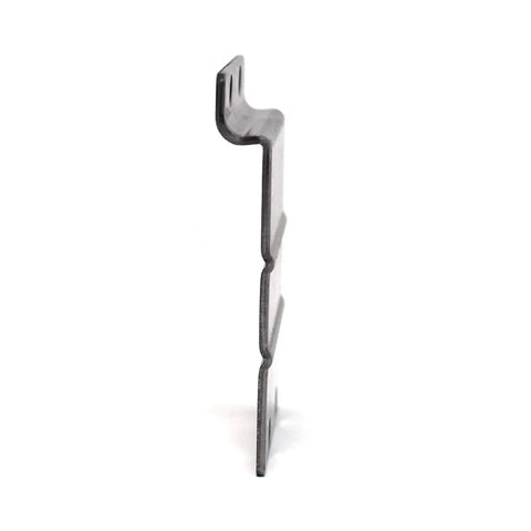 Side view of a heavy-duty steel backplate mounting adapter for slatwall compatibility, raw metal finish with pre-drilled holes.
